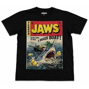 Jaws Movie Graphic T-Shirt Kids Small Black Comic Book Style Shark Bigger Boat